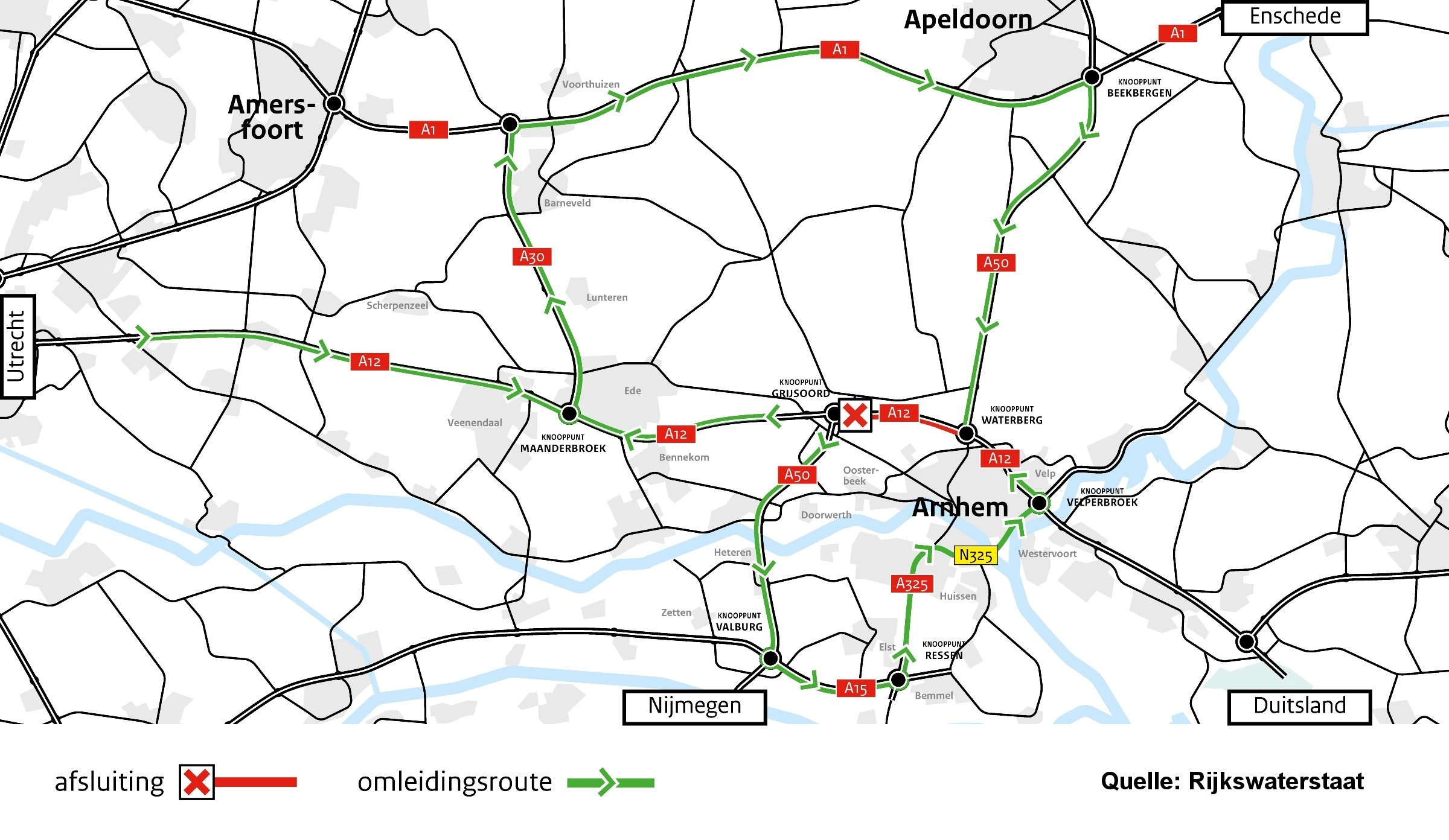 Umleitungskarte für die Sperrung der A12 zwischen Grijsoord und Waterberg | Quelle: Rijkswaterstaat